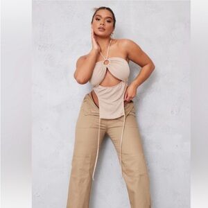 NWT PrettyLittleThing Nude Halter Mesh Top with Keyhole Detail